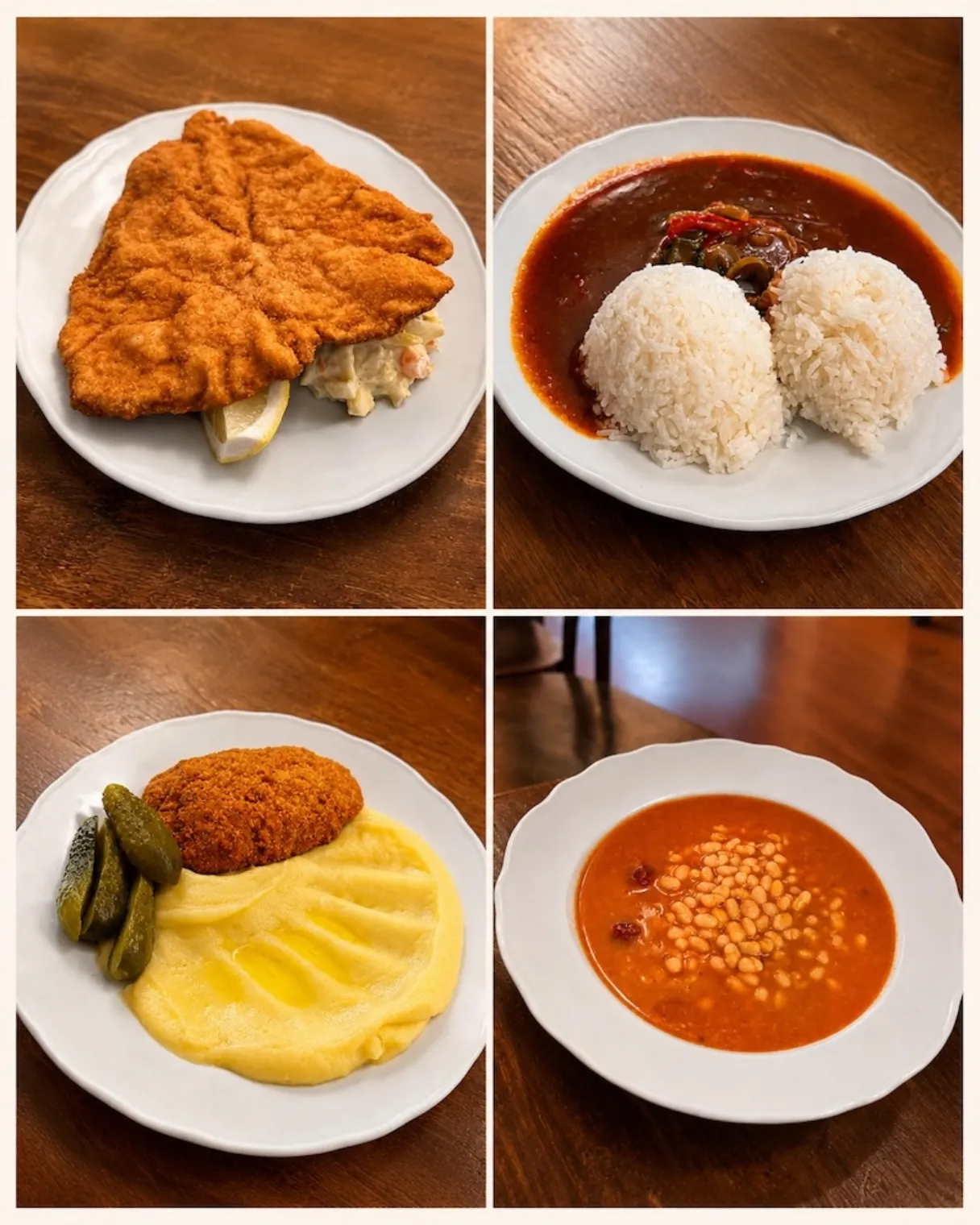 Collage of traditional Czech dishes from Lokál Dlouhááá in Prague, including schnitzel, mashed potatoes with pickles, bean soup, and rice with sauce.