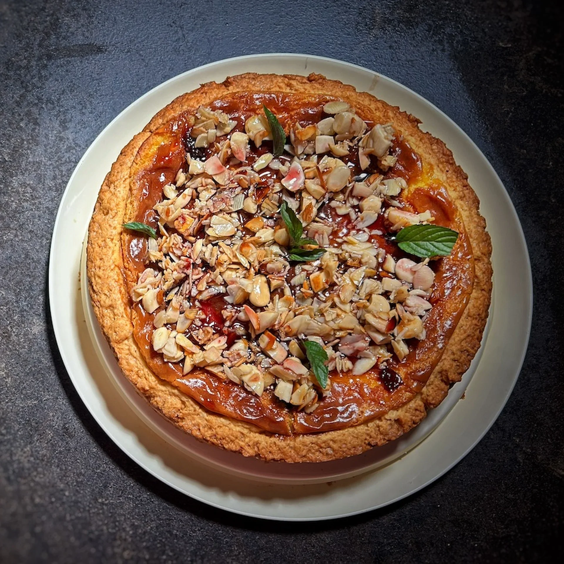 Vanilla Custard Pie with Almond Crunch and Cherries