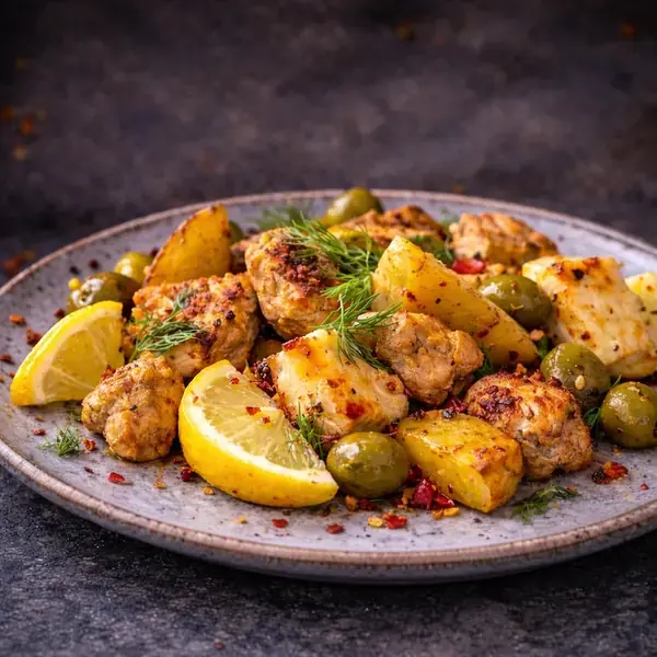 Mediterranean One-Tray Chicken, Potatoes & Halloumi
