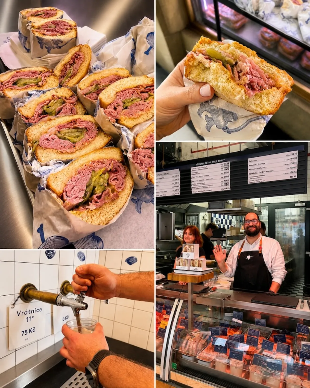 Collage from Naše Maso in Prague, showing meat sandwiches, a sandwich being held by hand, the butcher counter and beer poured from a wall tap.