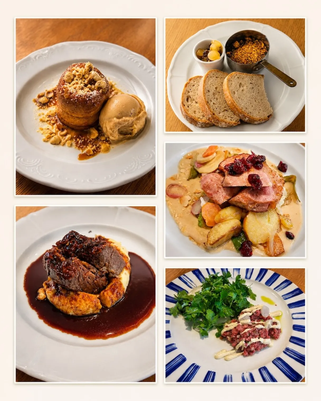 Collage of dishes from Mincovna in Prague, including beef tartare, bread, roasted meat with sauce, dessert and traditional Czech plates.