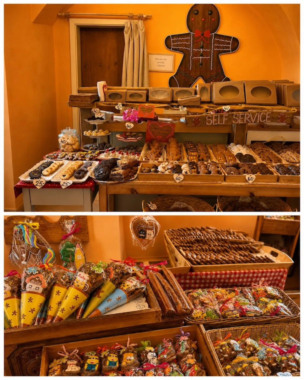 Collage from Perníčkův Sen in Prague, showing a self-service gingerbread display with decorated cookies, handmade sweets, baskets and colorful packaged treats.