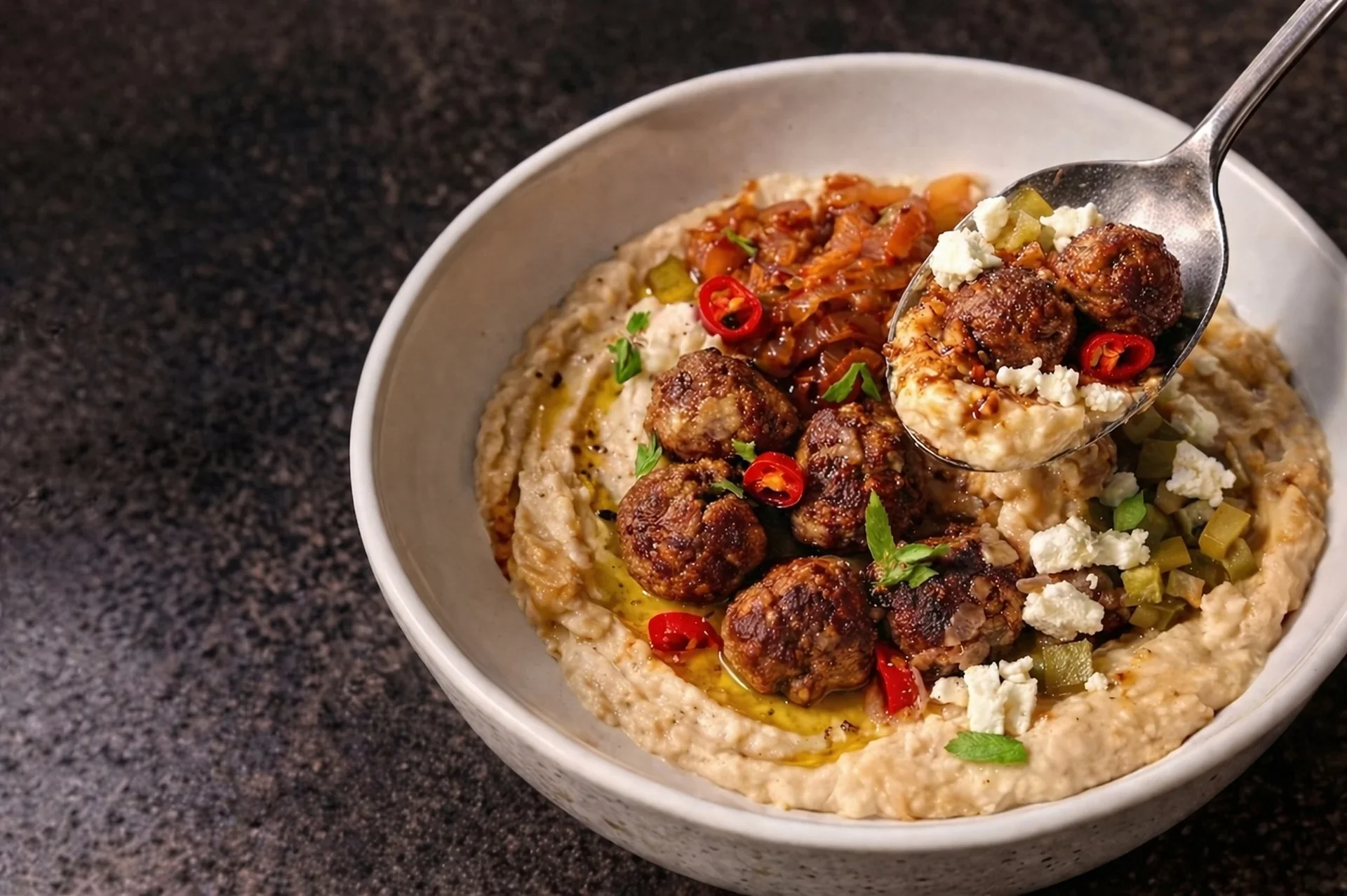 White Bean Dip Bowl (with Sausage Meatballs)