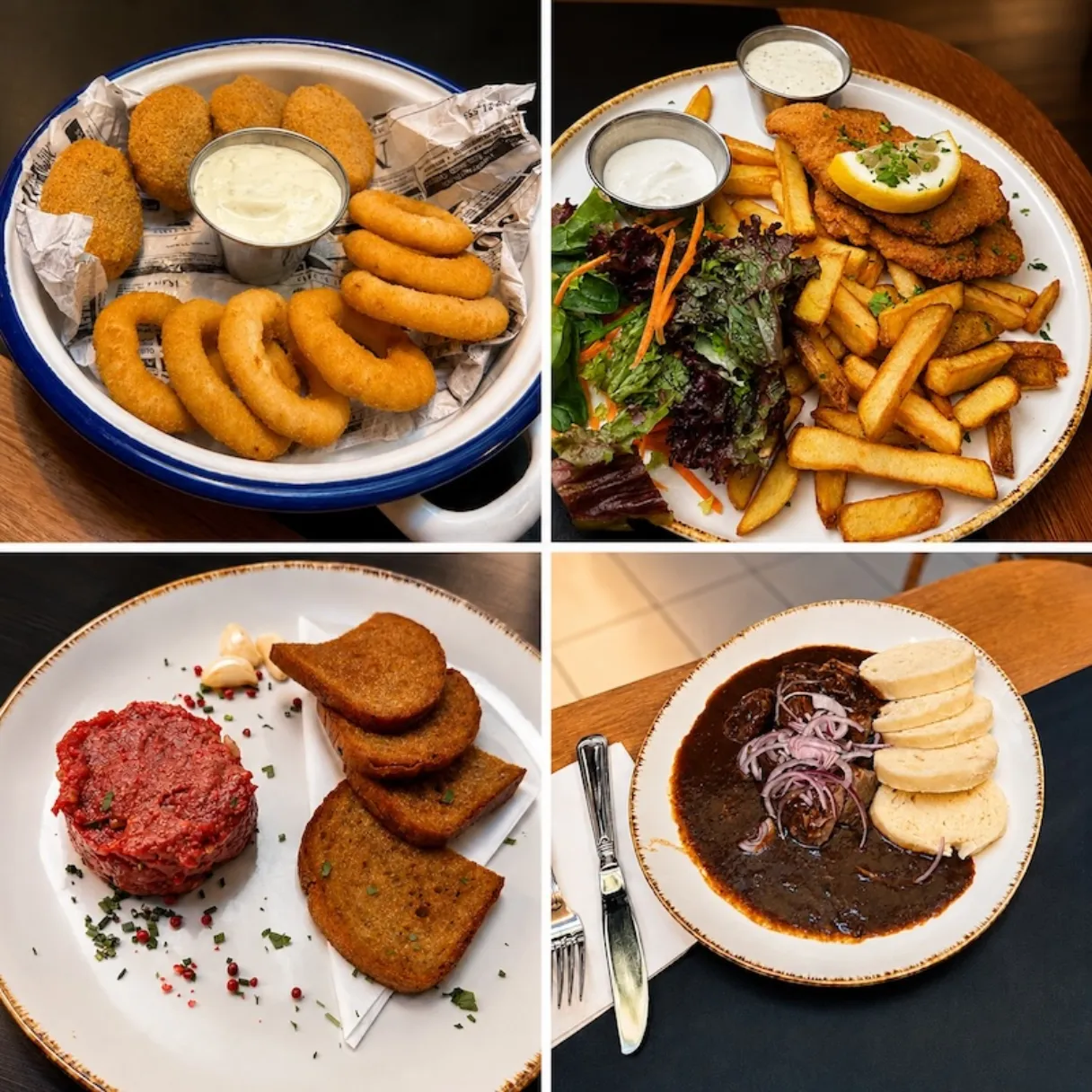 Collage of dishes from Šnyt in Prague, including fried cheese snacks with sauce, schnitzel with fries and salad, beef tartare with toast, and goulash with dumplings.