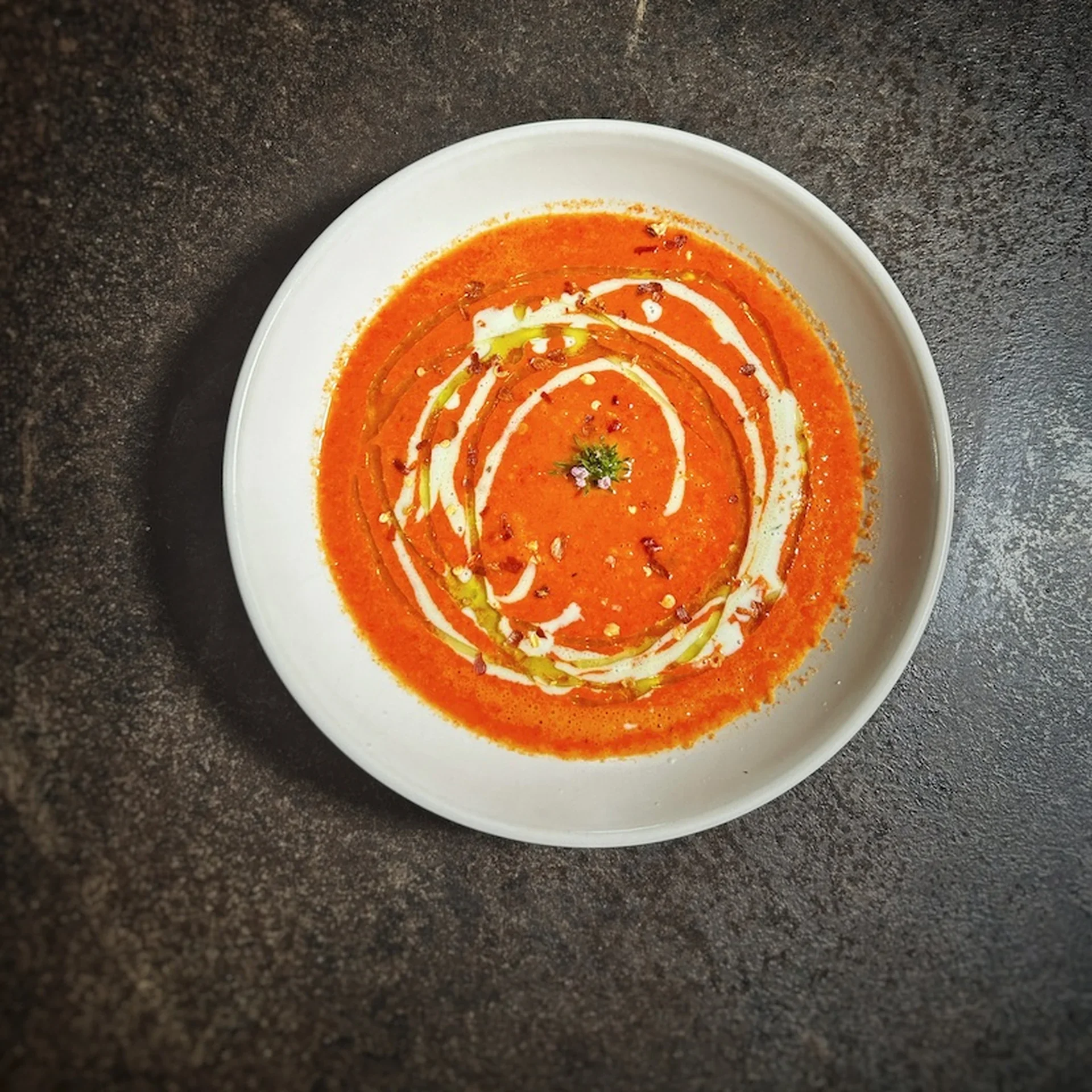 Creamy Roasted Red Pepper Soup with Blue Cheese Drizzle