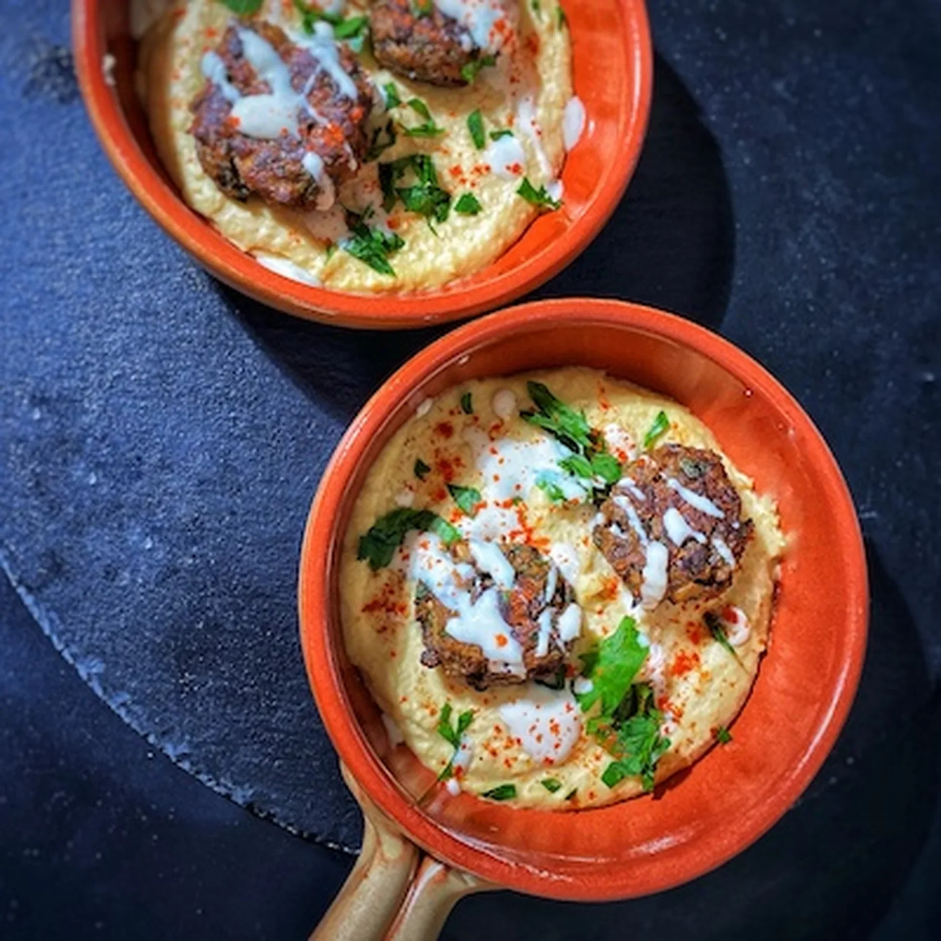 Warm Hummus Bowl and Mushroom "Meatballs"