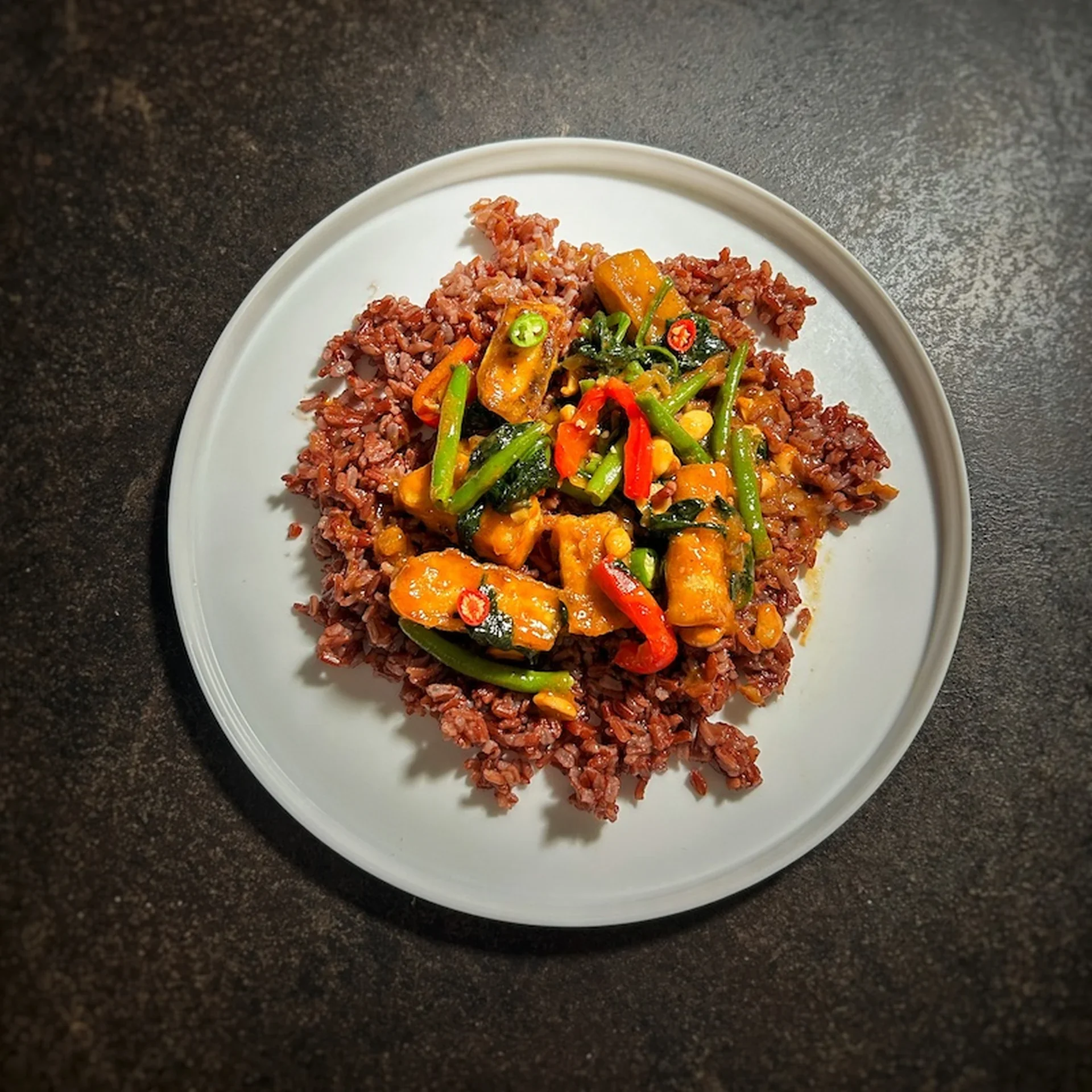 Crispy Coconut Tofu with Red Rice