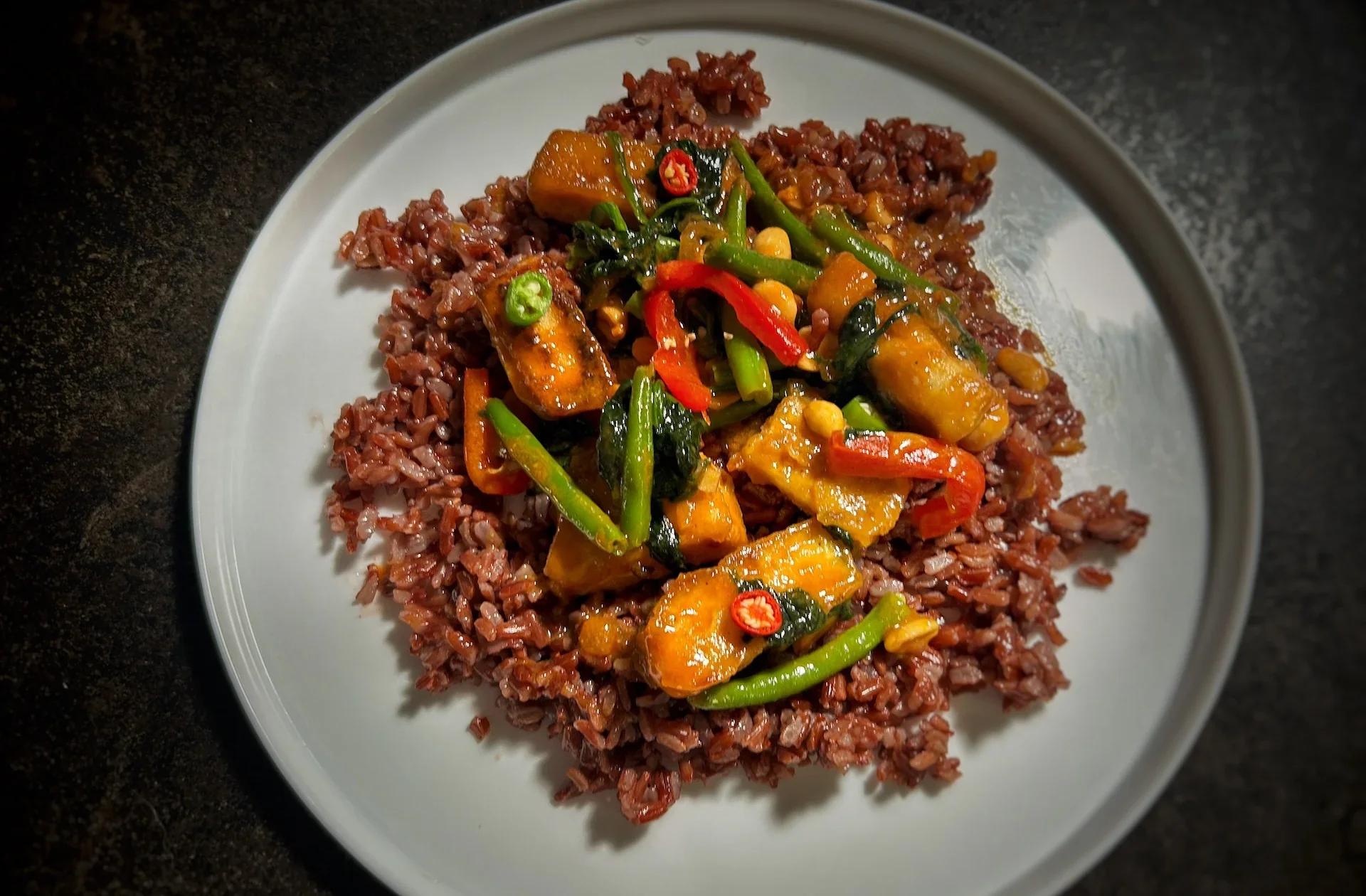 Crispy Coconut Tofu with Red Rice