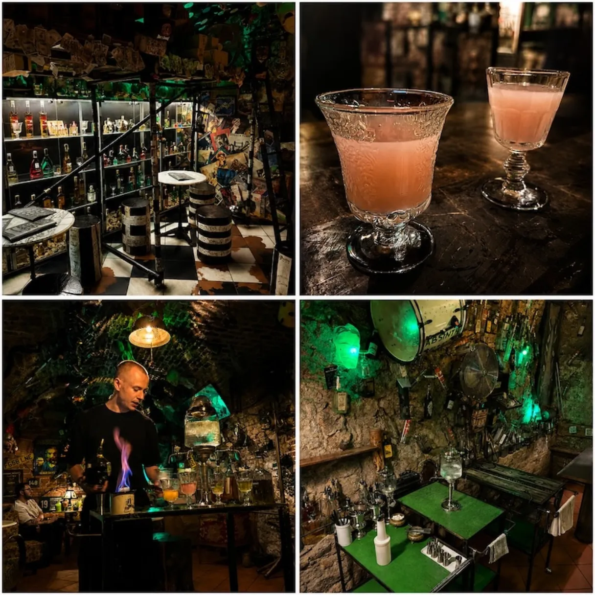 Collage from Absinthe Tasting Prague, showing the bar interior, two pink absinthe drinks, a bartender preparing absinthe with flame, and the tasting setup.