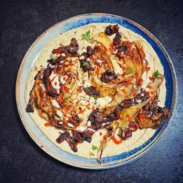 Sticky Beef and Cabbage Hummus Delight