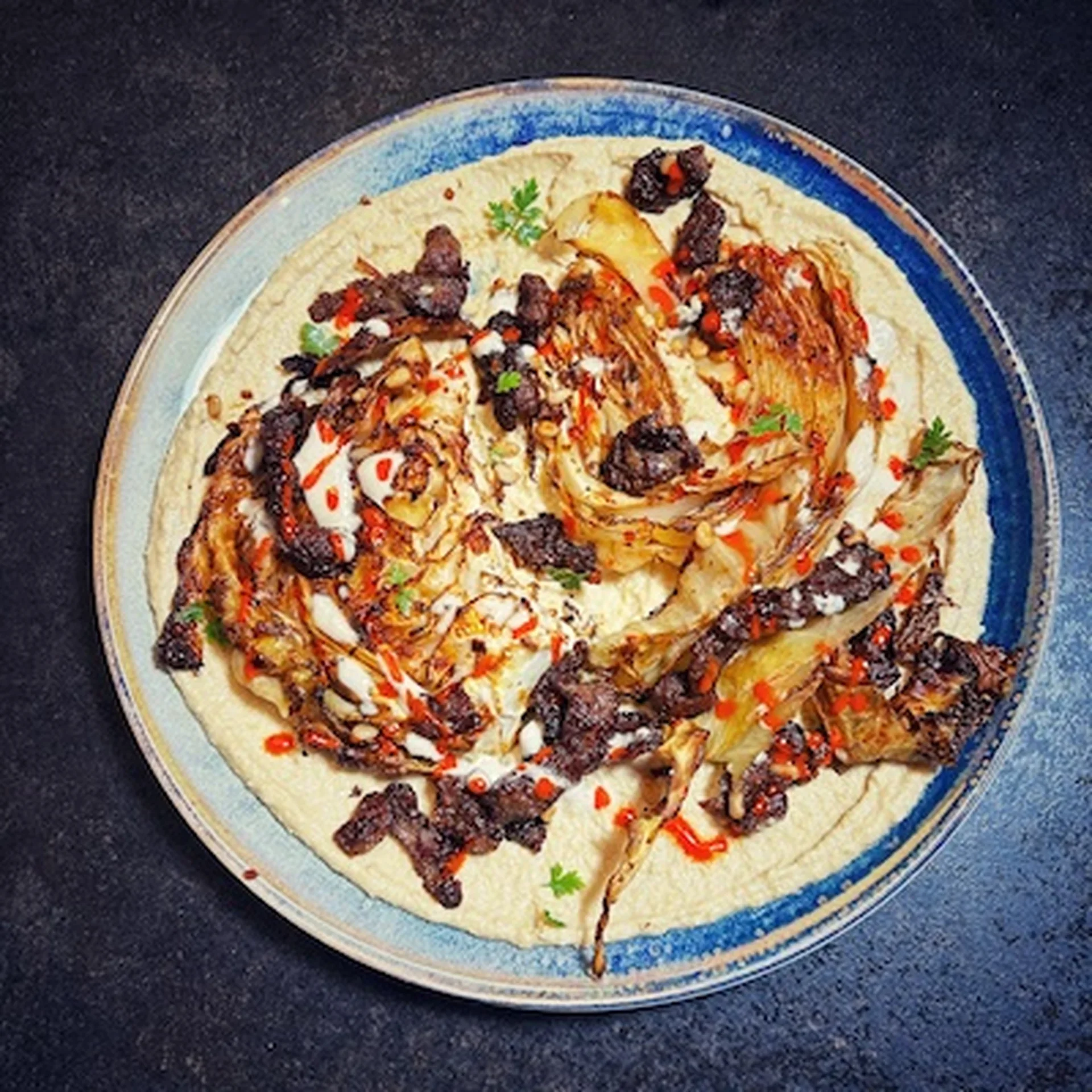 Sticky Beef and Cabbage Hummus Delight