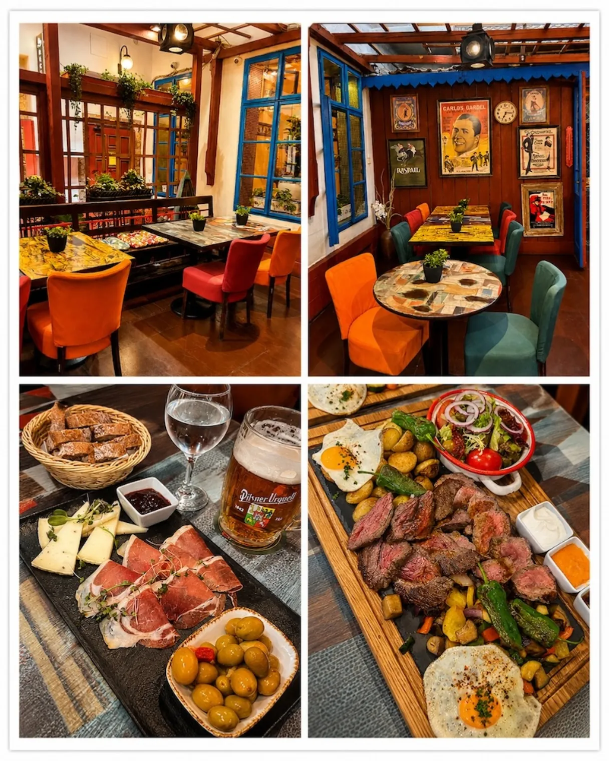 Collage of La Boca in Prague, showing colorful restaurant interiors, a charcuterie and beer platter, and a grilled meat platter with eggs, vegetables and salad.