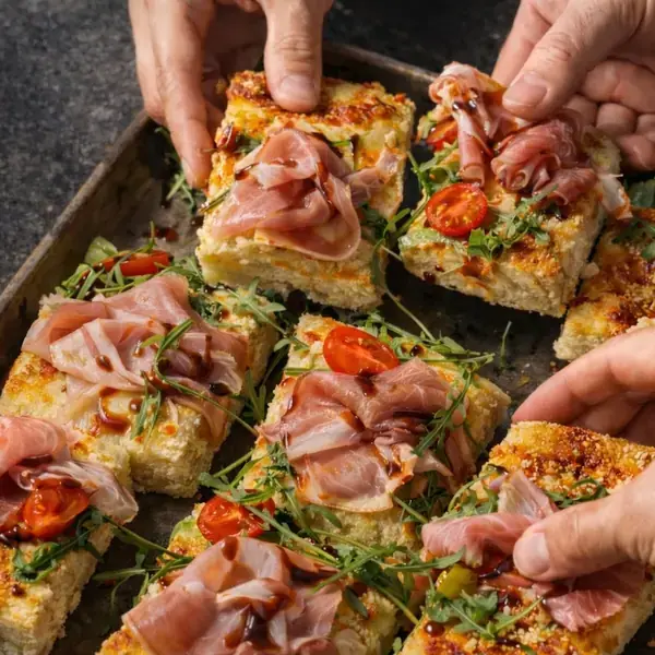 Sourdough Sheet Pan Pizza with Marinara, Parmesan, and Charcuterie