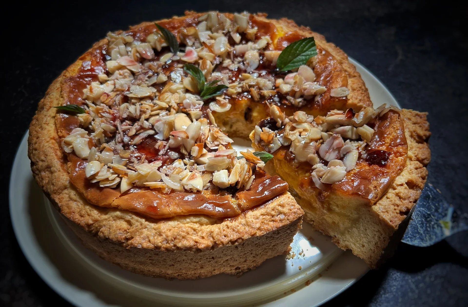 Vanilla Custard Pie with Almond Crunch and Cherries