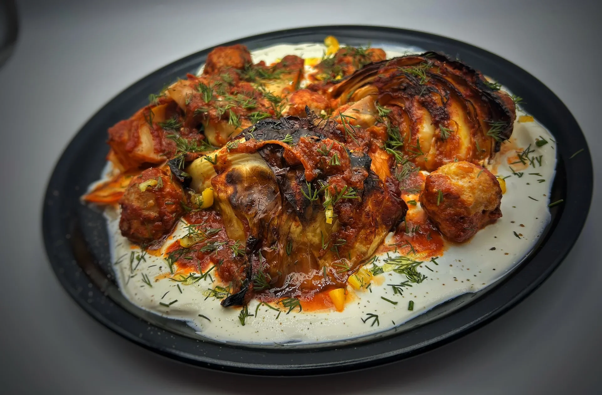 Charred Cabbage & Tomatoey Sausage Bites