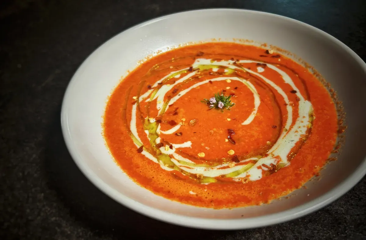 Creamy Roasted Red Pepper Soup with Blue Cheese Drizzle  - Appetizers - Food nerd rockstar