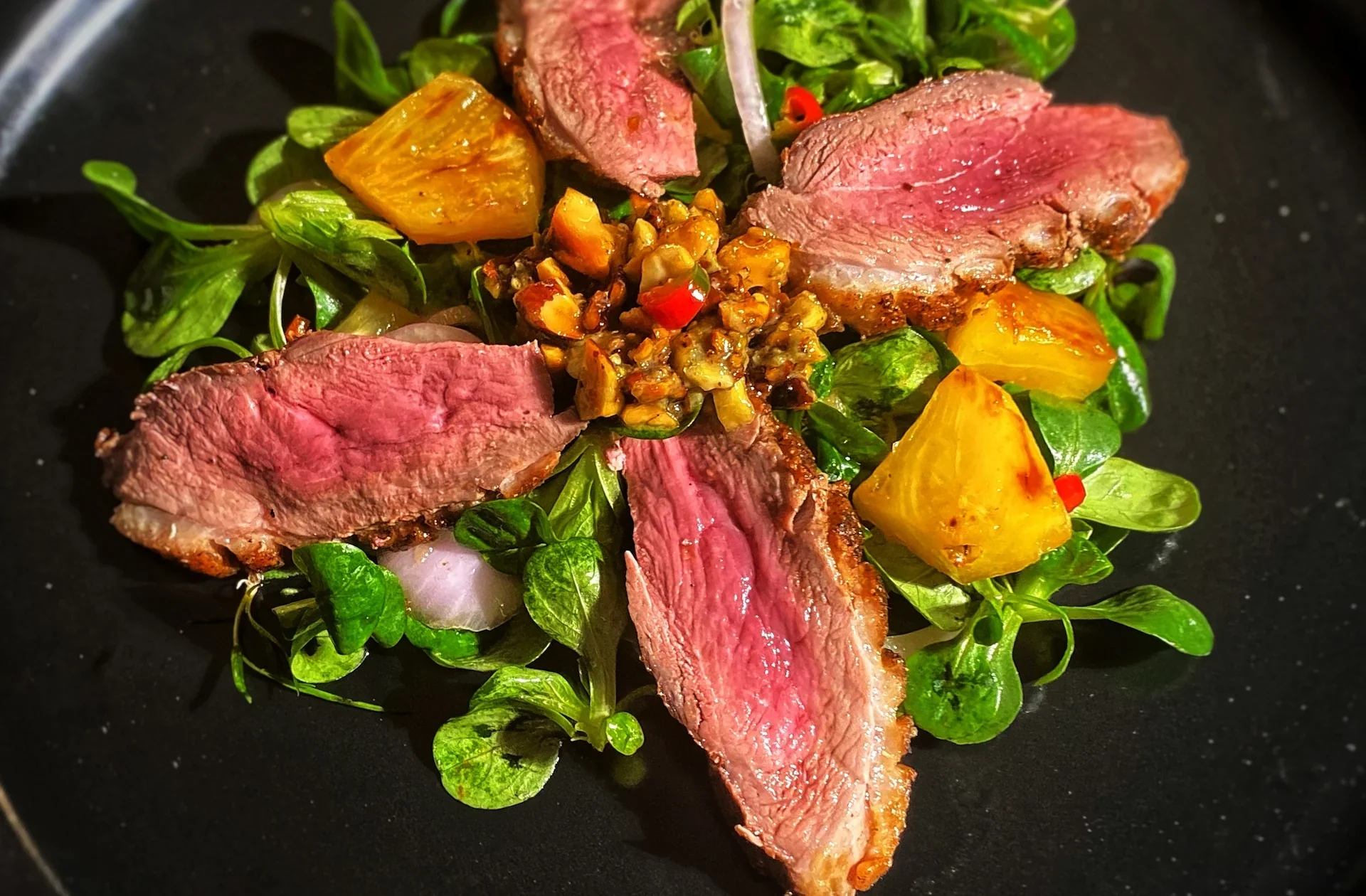 Sweet and Spicy Crispy Duck Salad 