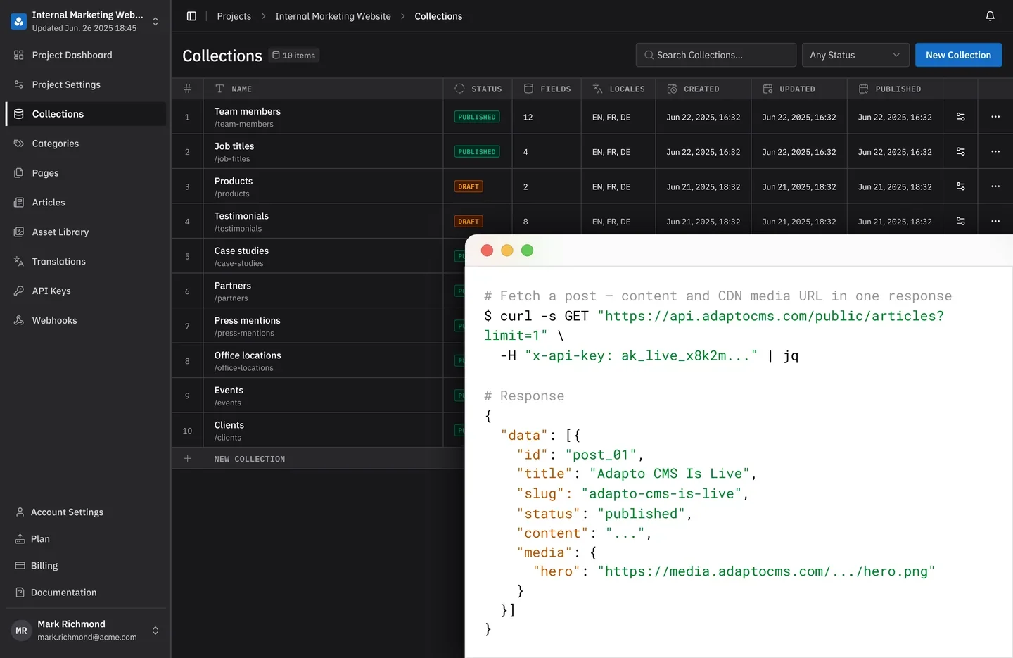 Adapto CMS dashboard showing content management interface